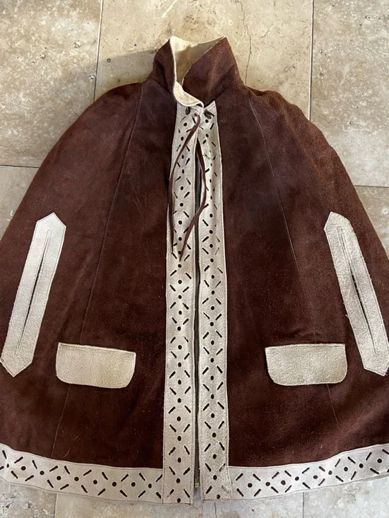 Vintage Leather Cape Poncho Hippie Jacket Size OS Tan Brown Zipper Front Western - Picture 4 of 13